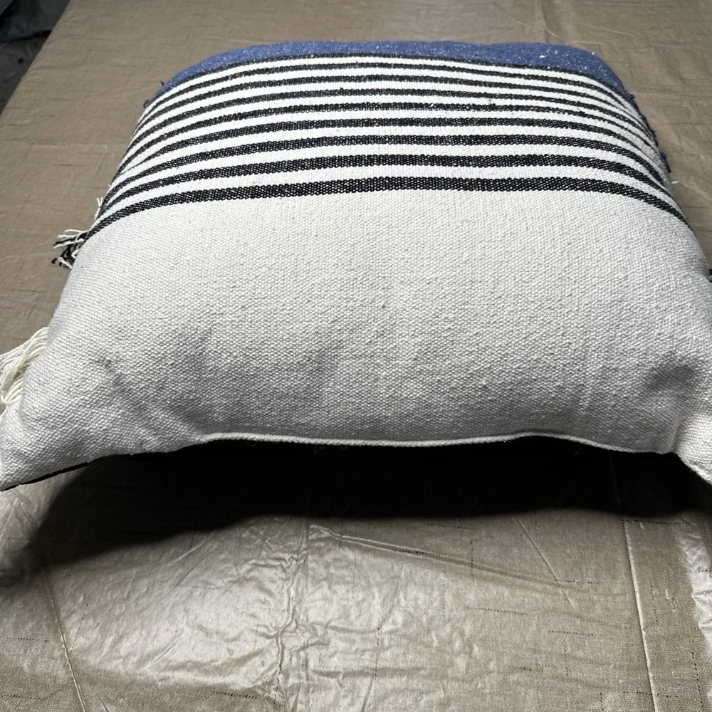 Blue Black Cream Striped Fringe Throw Pillow 20